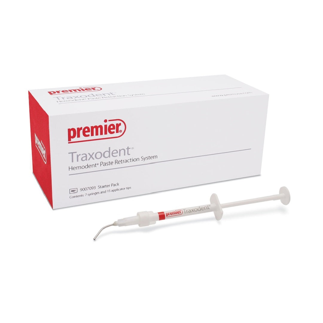 Premier Traxodent Hemodent Paste Retraction System Intro Kit 7/Pk Syringes 9007093 - Dental Retraction System, Hemostatic Retraction Paste, 15% Aluminum Chloride, Easy-to-Use, Clean Rinsing, Bendable Tips, Gingival Retraction, Hemostasis