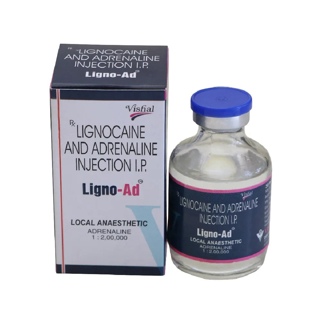 Vishal Ligno-Ad Lignocaine HCL 2% with Adrenaline 1:2,00,000, 30mL Vial, Dental Local Anesthetic, Prolonged Numbing, Reduced Bleeding for Dental Procedures.