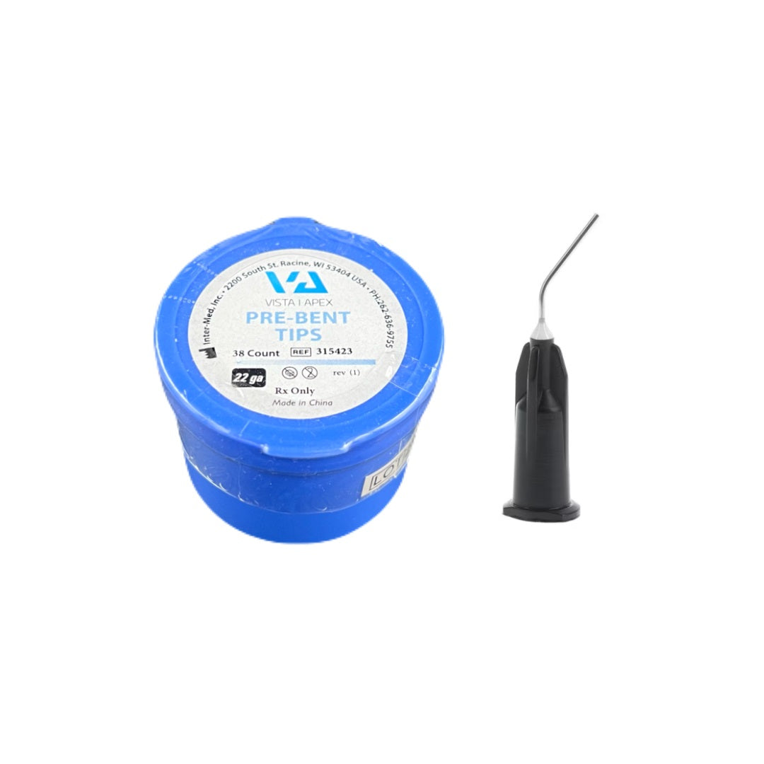 Vista Pre-Bent Applicator Dental Delivery Tips 22Ga Black 38/Pk 315423 for precise dental applications. Disposable, blunt-end tips ideal for etchants, resins, and composites. Pack of 38.