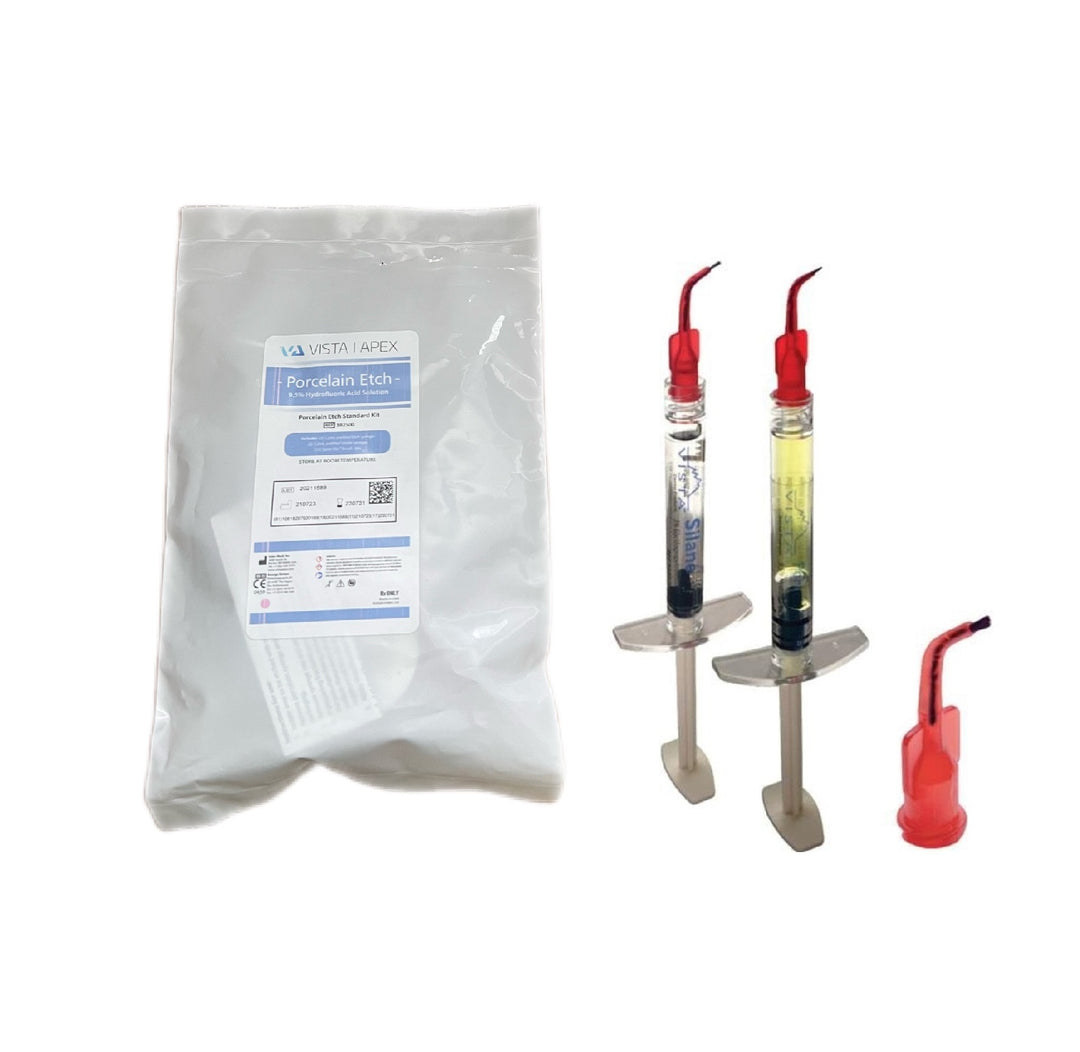 Vista Porcelain Etch Kit 9.5% Hydrofluoric Acid Gel for Veneers and Inlays 502500 - Silane Syringes and Micro Brush Tips Included